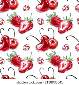 Sweet Juicy Red Berries Seamless Pattern, Strawberry Cherry Lollipops