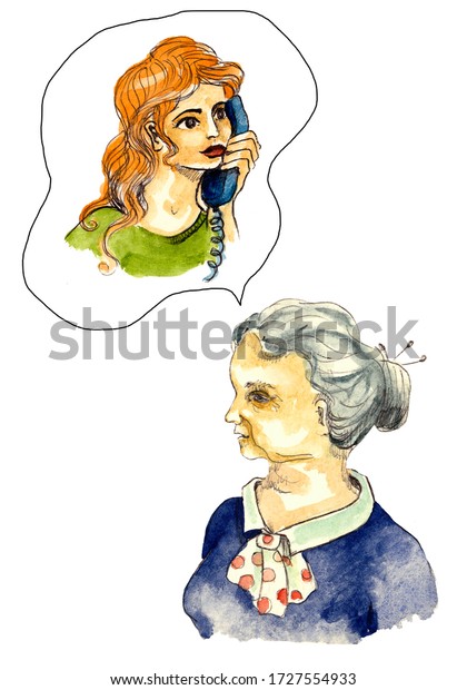 甘い思い出は水彩イラスト 老婆の懐かしさ おばあさんが女の子の頃の人生の楽しい瞬間 白い背景に手描きの水彩画 のイラスト素材