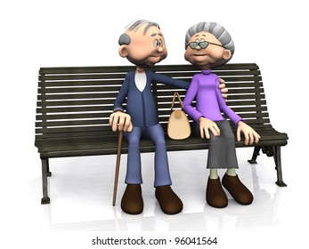 A sweet old cartoon man and woman sitting on a bench, smiling and looking at eachother. White background. - Powered by Shutterstock