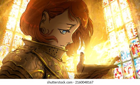 A sweet paladin girl, mesmerized by the holy burning fire in her palms, looks at him with innocent blue eyes, she has a square hairstyle, plate gilded armor. 2d rough sketch anime style character