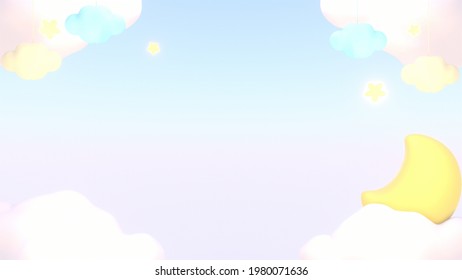 Sweet pastel clouds  stars    yellow crescent moon in the sky  Good night   sleep tight theme  3d rendering picture 
