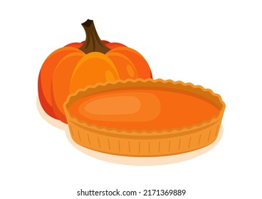 Sweet pumpkin pie still life illustration  Delicious whole pumpkin pie icon isolated white background  Seasonal autumn cake drawing