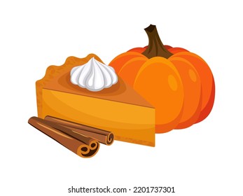 Sweet pumpkin pie and whipped cream   cinnamon still life illustration  Slice sweet cream pie icon isolated white background  Seasonal autumn cake and pumpkin drawing