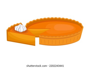 Sweet pumpkin pie and whipped cream illustration  Slice sweet cream pie icon isolated white background  Seasonal autumn cake drawing