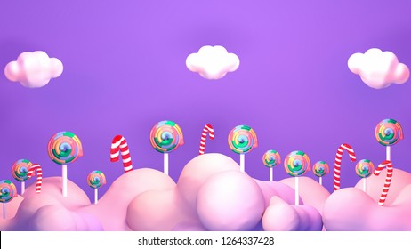 Sweet Purple Lollipop Candy World. 3d Rendering Picture.