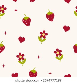 A sweet, seamless digital pattern featuring simple strawberries, flowers, and deep red hearts on a light cream background.
