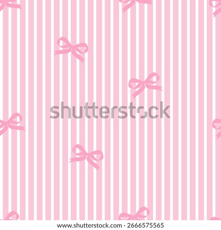Sweet seamless pattern featuring delicate pink ribbon bows scattered across a backdrop of classic pink and white vertical stripes.