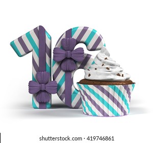 Sweet Sixteen, 16, Decorated With Ribbon, and Birthday Cupcake. Birthday/Anniversary concept. 3d rendering isolated on White Background. - Powered by Shutterstock