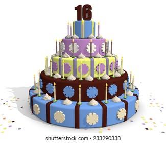 Sweet sixteen chocolate party cake, celebrating an anniversary, on top of the cake number 16  - Powered by Shutterstock