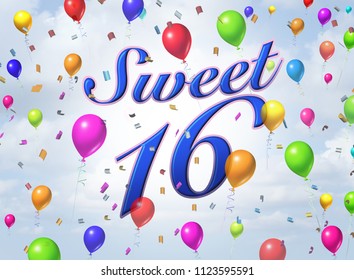 Sweet sixteen teenager celebration greeting card design with confetti and balloons as a 3D render. - Powered by Shutterstock