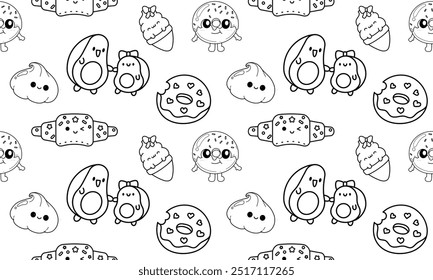 sweet, sketch, food, vector, pattern, line, seamless, illustration, dessert, pastries, black and white, pastry, doodle, contour, black, texture, art, cute, isolated, breakfast, background, bakery, dra - Powered by Shutterstock