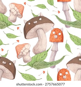 A sweet summer pattern featuring forest creatures. The mushrooms are shaped like cats with cute faces and ears. Perfect for unusual and fun designs.