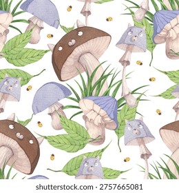 A sweet summer pattern featuring forest creatures. Mushrooms in the shape of cats with cute faces and ears. Perfect for unusual and fun designs.