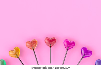 Sweet Valentine's Day With Heart Shape Lollipop Candy On Isolated Background. Love Concept. Top View. 3d Pattern Background.