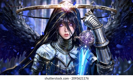 A sweet young angel girl with heavenly purple eyes, in dense shiny armor and a hood with golden patterns. she has black star wings and a magic sword, a wide halo over her head and black hair. 2d art