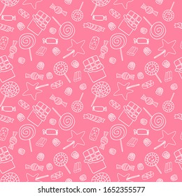 sweets and chocolate seamless pattern hand drawn in doodle style. pink background for menu, textile, wrapping paper, wallpaper. candy, lollipop, caramel