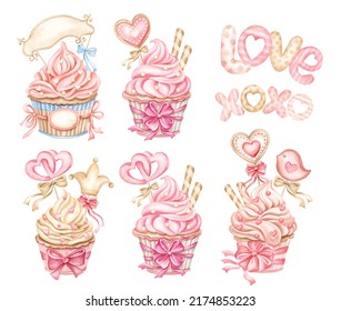 Sweets cupcakes with cake toppers on a heart shaped. Happy Valentine's Day or Love Wedding invitations card. Hand drawn watercolor set isolated on a white background. - Powered by Shutterstock