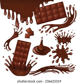 Sweets dessert food milk chocolate bars and splash drips background  illustration