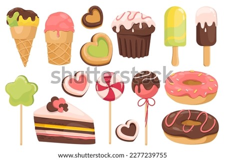 Sweets and dessert set graphic elements in flat design. Bundle of different types of ice creams, cupcake, lollipops, cookie, donuts, cake and other confectionery. Illustration isolated objects