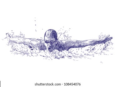 Swimmer, butterfly swiming style - hand drawing picture - This is original blue sketch