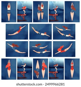 Swimmers, diving, scuba diving, summer holidays at water resorts. Sports, hobbies and recreation. Set of watercolor templates for cards. - Powered by Shutterstock