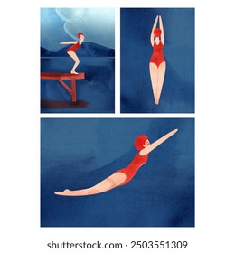 Swimmers, diving, scuba diving, summer holidays at water resorts. Sports, hobbies and recreation. Set of watercolor templates for cards. - Powered by Shutterstock