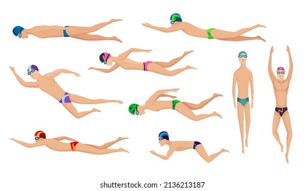 Swimmers set. Collection various characters of swimming men in swimsuits. People in action poses or engaged water sport. Colorful  illustration in cartoon style isolated on white background - Powered by Shutterstock