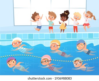 Swimming Competition. Kids Water Sport Swimming Race In Pool Cartoon Background