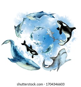 Swimming dolphins, shark, blue whale, killer whale orca spin in a spiral on abstract blue background, isolated. Hand drawn watercolor illustration.