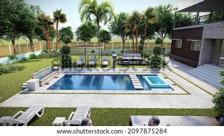 Swimming pool area side elevation, exterior illustration of landscape design, property 3d rendering
