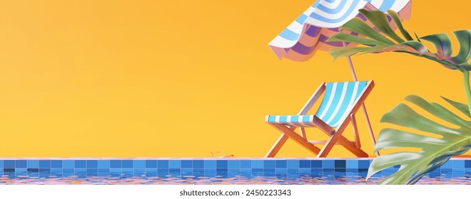 Swimming pool with beach chair and umbrella. Summer vacation concept. 3d rendering