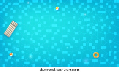 Swimming Pool With Blue Water. Top Down View. Swimming Ring, Beach Balls, Inflatable Mattress Floating In Pool. 3d Illustration.