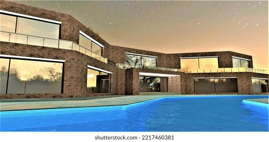 Swimming Pool Like A Glowing Blue River Under A Starry Sky In The Backyard Of A Luxurious Club Hotel Built According To A Modern Project Using Environmentally Friendly Technologies. 3d Rendering.