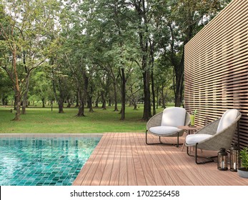 Swimming pool terrace with garden view 3d render,  There are a wooden floor ,green tile in the swimming pool and ,wooden lath wall,Decorated with rattan furniture,Surrounded by nature.