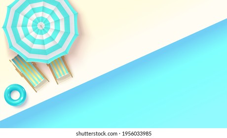 Swimming Ring And Sun Loungers Under Umbrella At Edge Of Pool. Top Down View. Concept Of Summer Vacation. 3D Illustration.