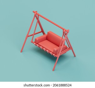 A Swing With Legs And Seats. Isometric Red Color Playground Object For Physical And Mental Development Of Children. Monochrome Single Color, 3d Rendering. No People.