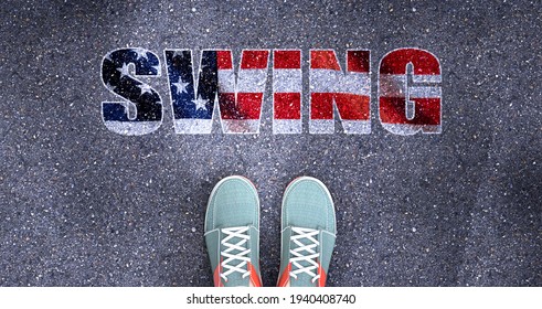 Swing and politics in the USA, symbolized as a person standing in front of the phrase Swing in American flag colors to show that  Swing is related to politics and each person's choice, 3d illustration