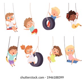 Swing rides. Gymnastic exercise of childrens on rope amusement attraction happy kids set