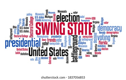 Swing states in U.S. presidential election concept. Battleground states - decisive voters concept. Word cloud sign.