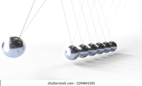 Swinging metal spheres of Newton's cradle. Physics related 3D rendering