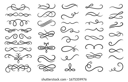 Swirl ornament strokes. Filigree swirl decoration, vintage scroll swirls. Hand drawn curly line dividers, wedding decor swirl ornament. Medieval decorative isolated  illustration symbols set
