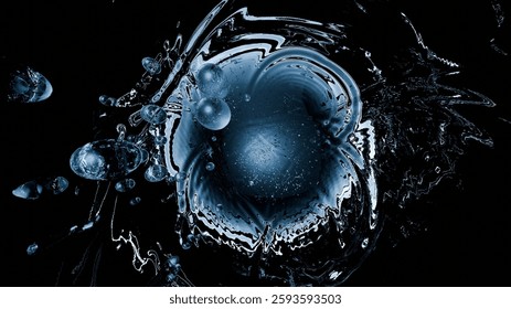 Swirling shapes and light reflections create an abstract scene featuring bubbles and fluid motions in deep blue hues on a dark backdrop. design conveys movement and depth. 3d render