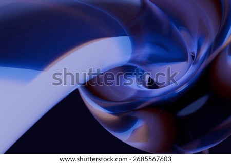 Swirling, translucent abstract forms in deep blue, purple, and hints of brown. Glossy, fluid shapes intertwine, reflecting light to create dynamic, modern curves