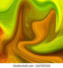 Swirling, Twirling Colors Yellow, Green, Orange, Brown. Liquid Paint With Soft Gradient Dynamic Flow. Background For Social Media Posts, Banners And Websites. Square Composition.