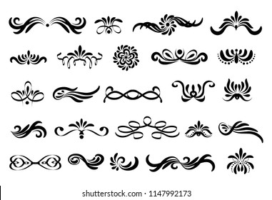 Swirly line curl patterns isolated on white background. Flourish vintage embellishments for greeting cards. Collection of filigree frame decoration illustration