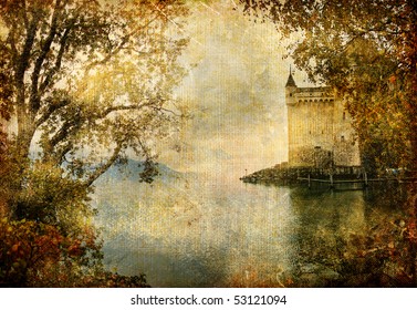 Swiss Castle Beside Autumn Lake- Artistic Vintage Picture