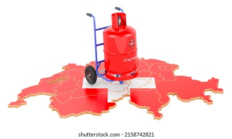 Swiss Map With Propane Gas Cylinder On Hand Truck. Gas Delivery Service In Switzerland, Concept. 3D Rendering Isolated On White Background