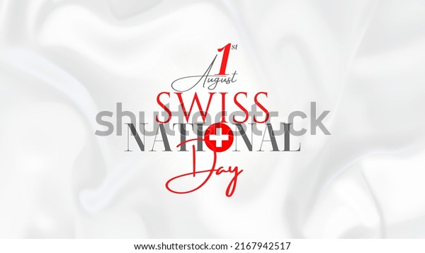 Swiss National Day banner or poster. Switzerland\
1st of August patriotic holiday horizontal greeting card design\
with flag in balloons and\
salute