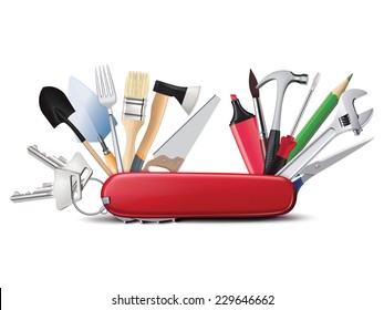 Swiss Universal Knife With Tools. All In One. Creative Illustration