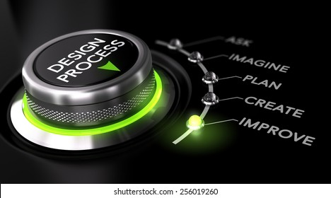 Switch button with green light, black background. Conceptual image for illustration of engineering design process.